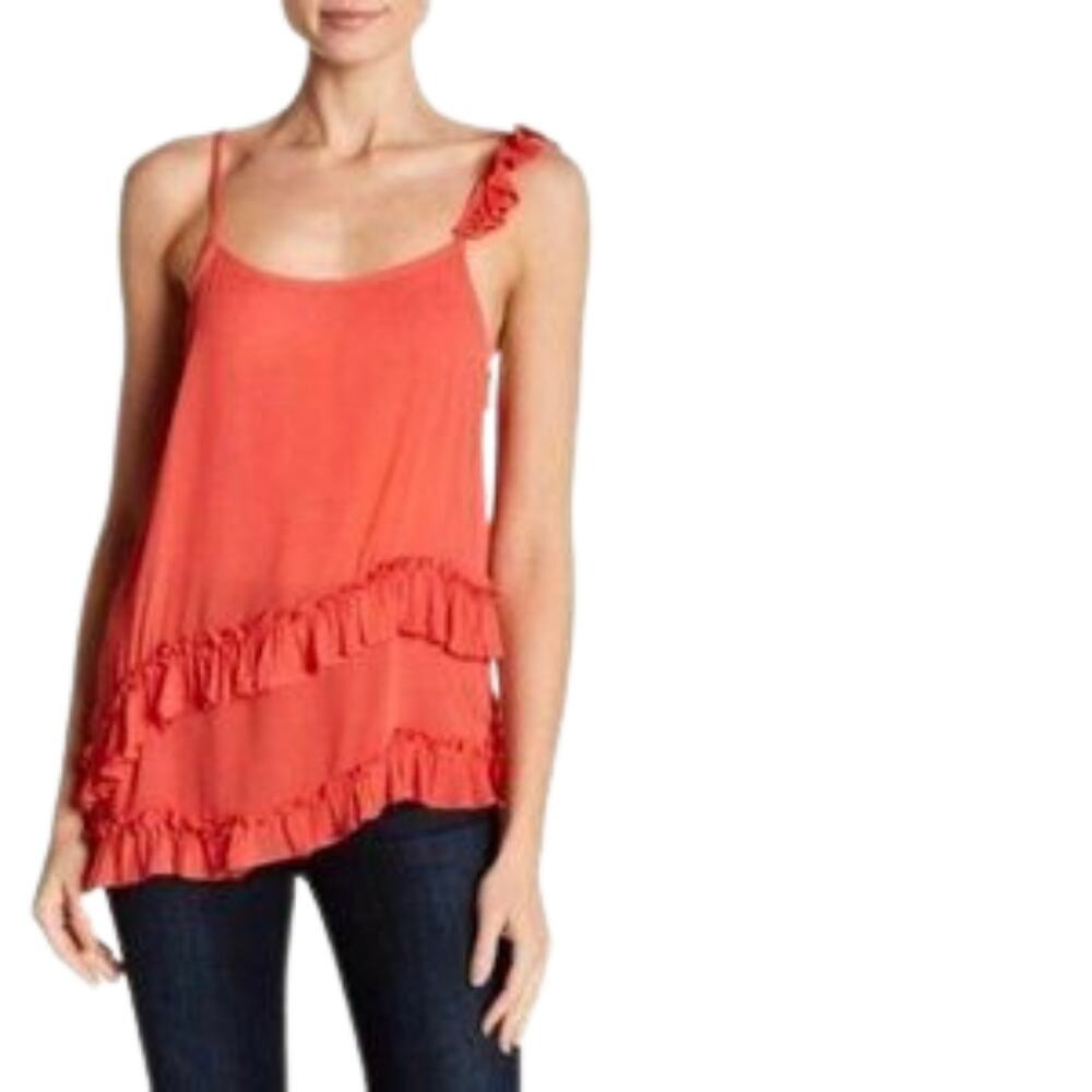 Ro & De Coral Pink Ruffle Cami Tank Top Asymmetrical Hem Flowy Rayon Medium